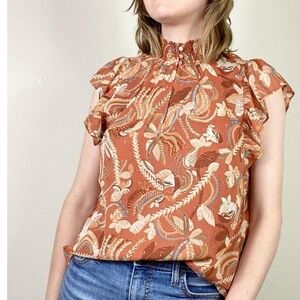 Revolve x Joie Blouse Rust Orange Metallic Floral High Neck Flounce shoulder XS